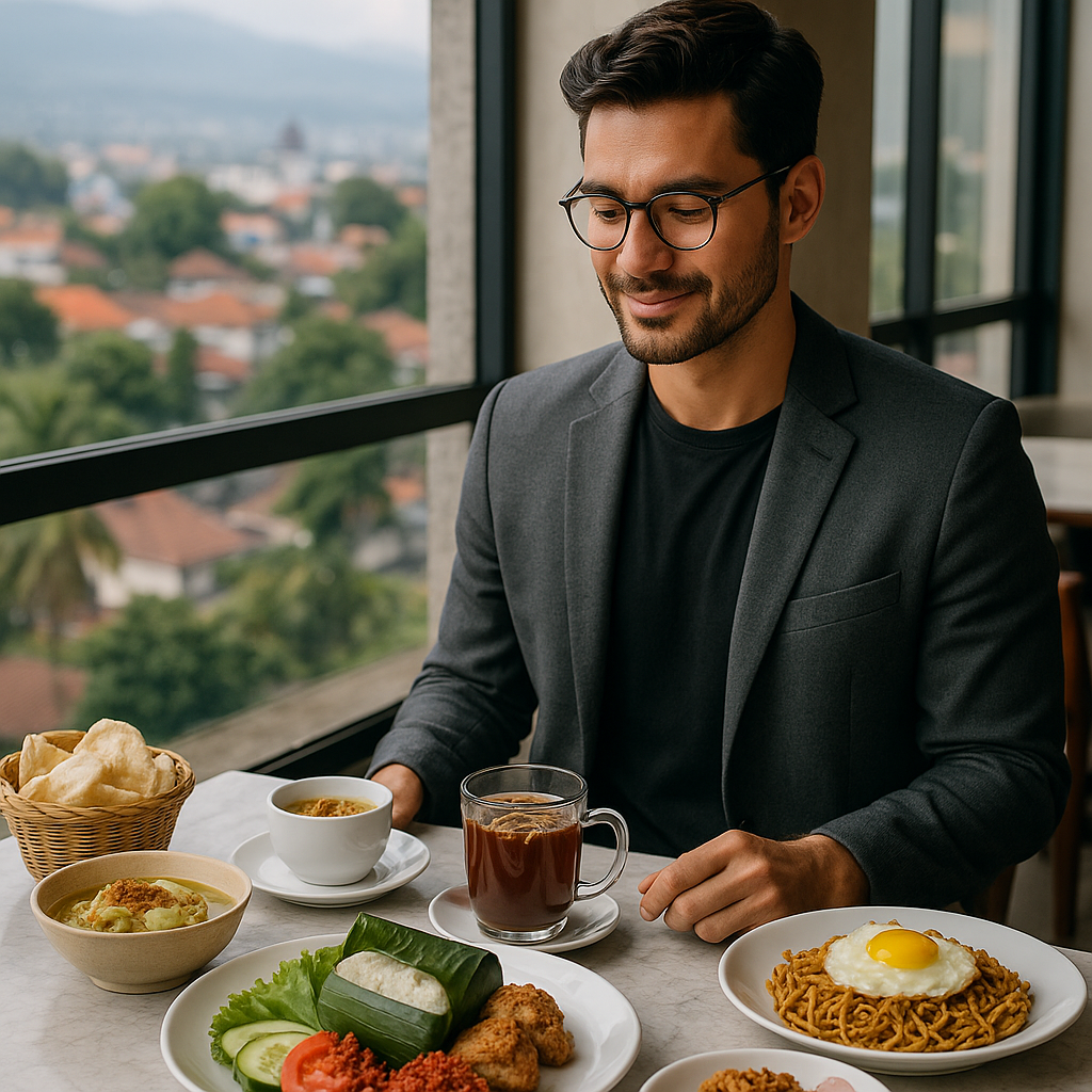 bandung beds: finding your perfect home base in indonesia's coolest city A delicious spread of Indonesian breakfast dishes at a Bandung hotel including nasi timbel and bandrek