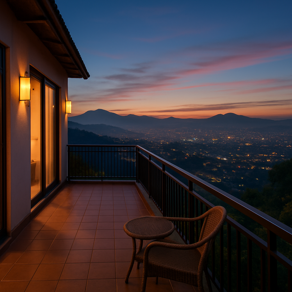 bandung beds: finding your perfect home base in indonesia's coolest city View from a hillside hotel balcony in Bandung showing city lights and mountains in the distance