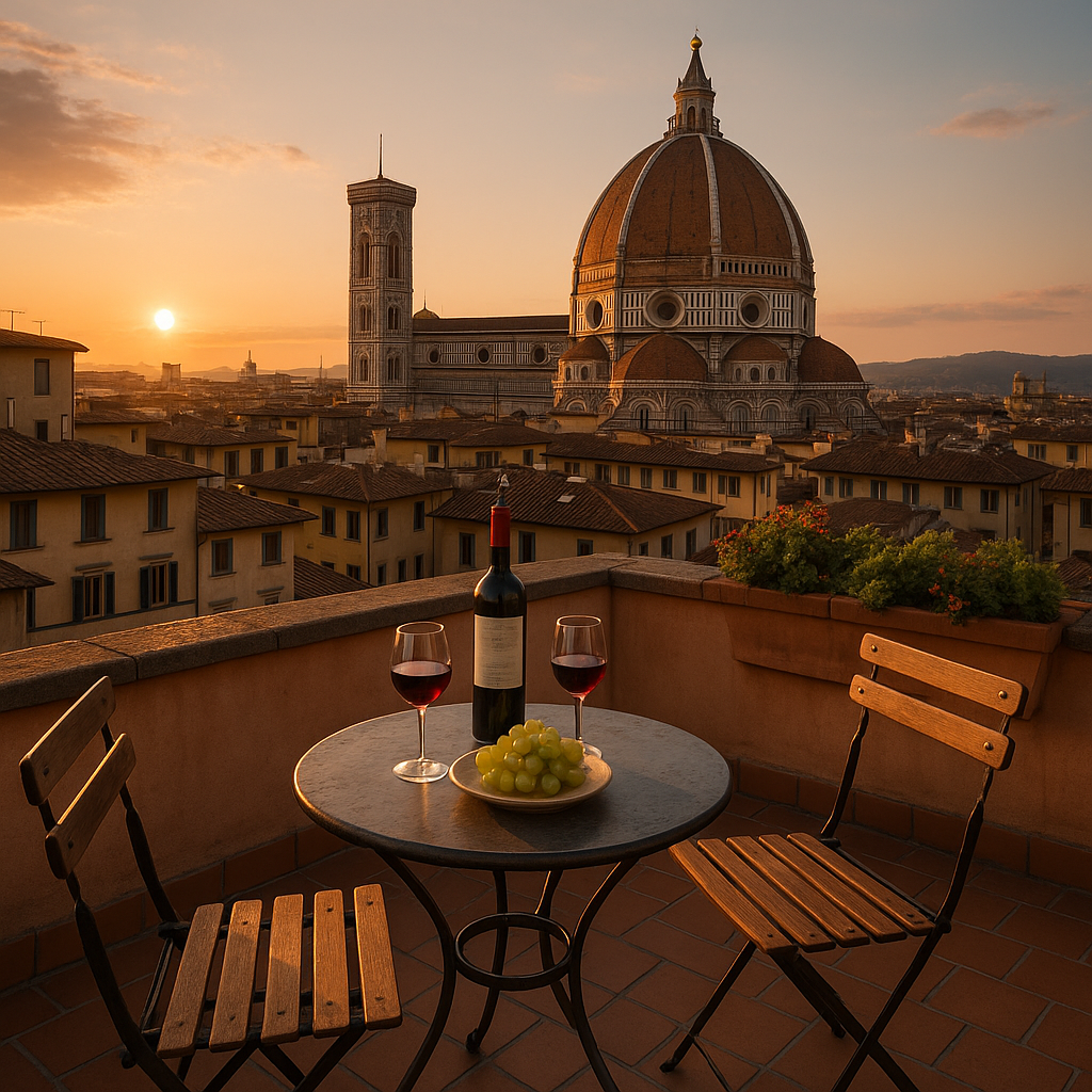 finding your perfect florentine nest: a hotel guide with heart (and a dash of gelato) Small rooftop terrace in Florence with view of Duomo dome at sunset