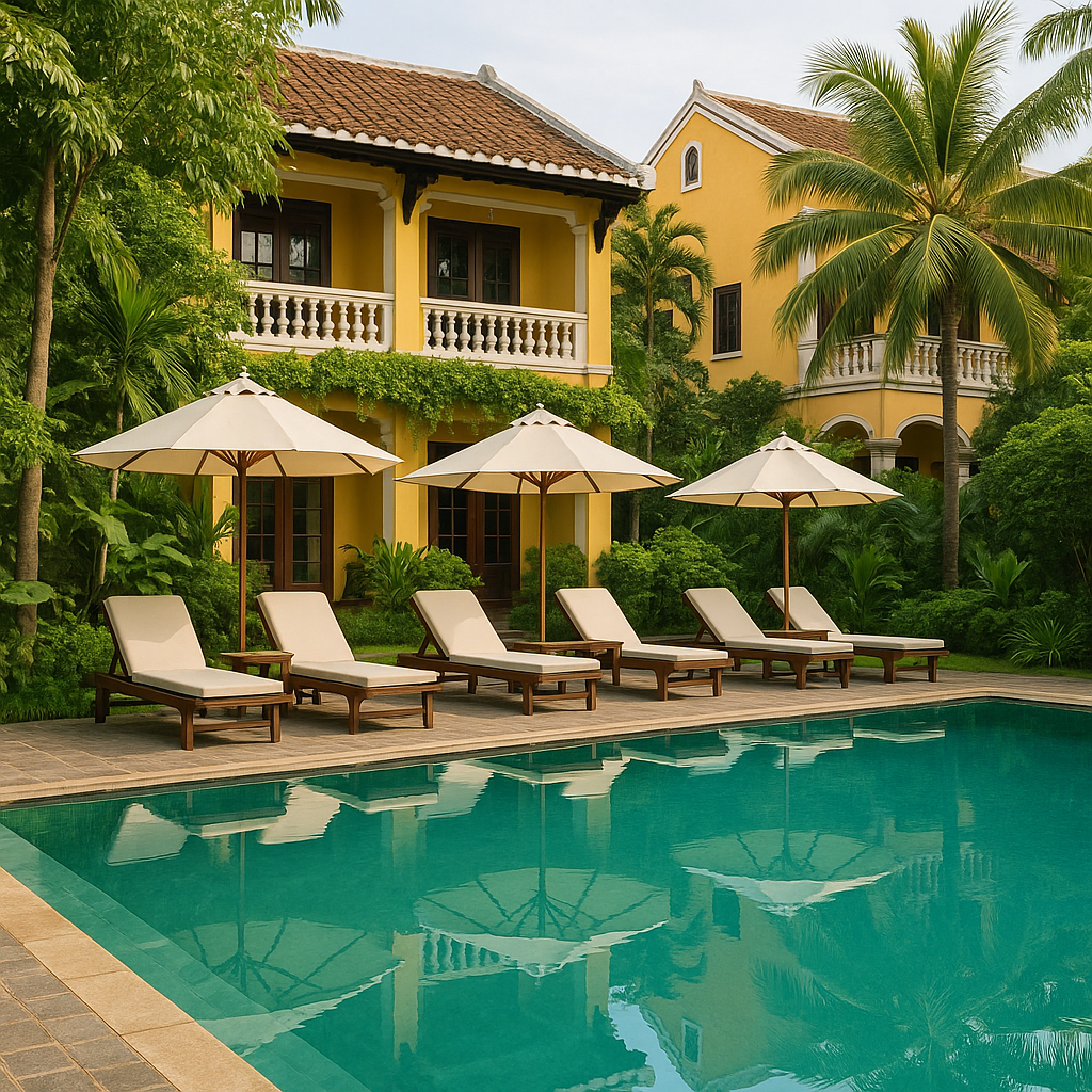 finding your perfect home base in hoi an: a traveler's hotel guide Tranquil swimming pool area at a Hoi An resort surrounded by greenery
