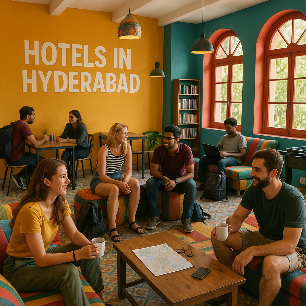 finding your perfect pad in the city of pearls: hyderabad's hotel scene unwrapped Vibrant hostel common room with travelers socializing