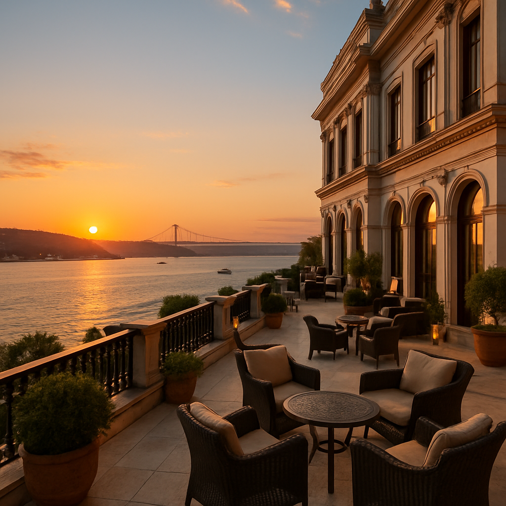 finding your perfect istanbul nest: a hotel guide that feels like home Luxury hotel terrace overlooking Bosphorus Strait at sunset