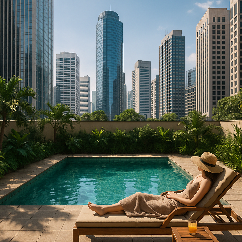 jakarta hotel hopping: finding your perfect base in indonesia's bustling capital Relaxing by a small hotel pool surrounded by city buildings