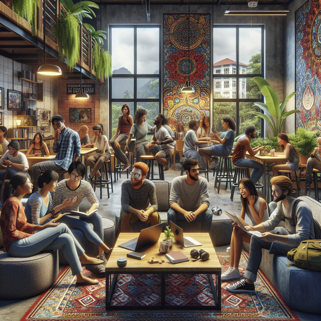 kuala lumpur's hotel scene: where skyscrapers meet street food stalls Vibrant hostel common area with travelers socializing