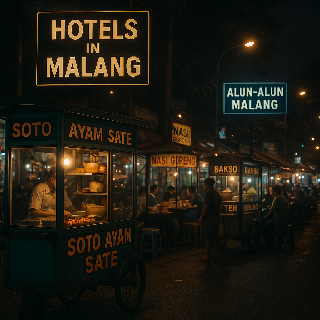 malang magic: finding your perfect home base in java's coolest city Bustling street food scene near Malang's Alun-Alun square at night