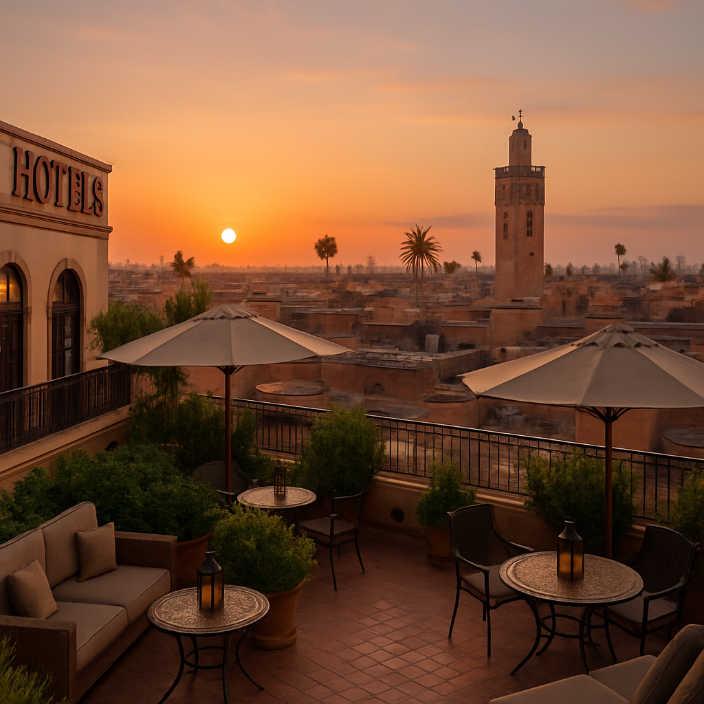 finding your perfect stay: a real take on marrakech hotels Rooftop terrace view over Marrakech medina at sunset