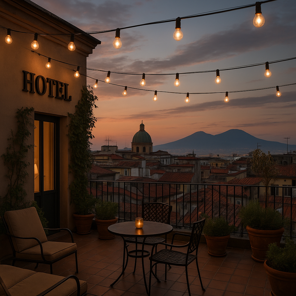 finding your perfect naples nest: a hotel guide with heart (and a dash of chaos) Cozy hotel terrace in Naples at dusk, with string lights and views over rooftops