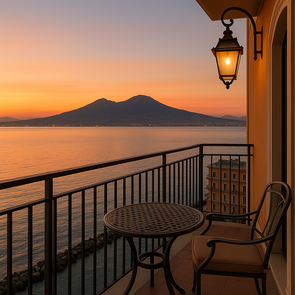 finding your perfect naples nest: a hotel guide with heart (and a dash of chaos) Sunset view over the Bay of Naples from a hotel balcony, Vesuvius in the distance