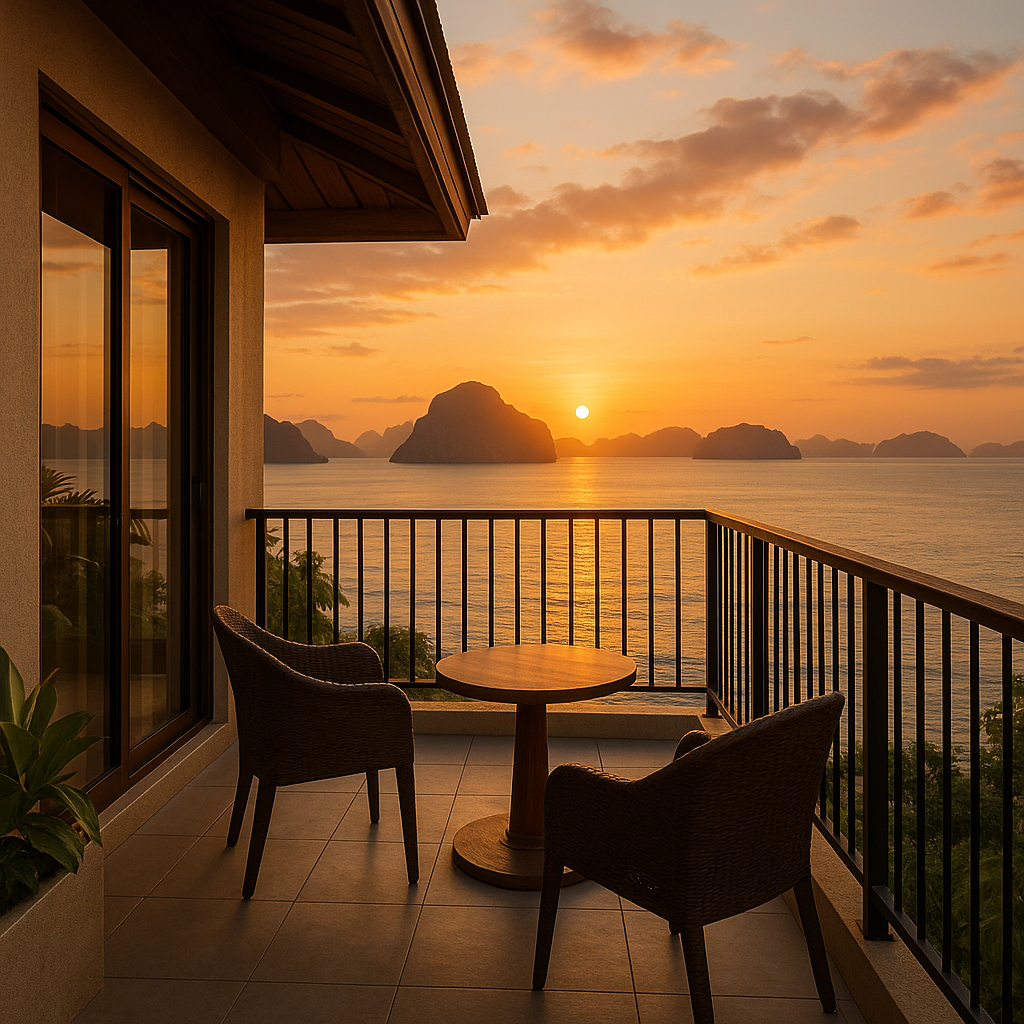 finding your perfect palawan pad: a real talk guide to hotels & hideaways Sunset view from a Palawan hotel balcony overlooking the ocean
