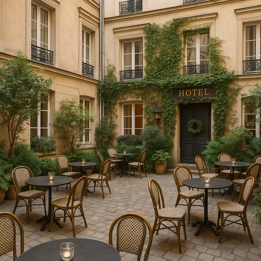 finding your perfect parisian pad: a hotel guide that doesn't sound like a robot wrote it Cozy Parisian hotel courtyard with greenery and bistro tables