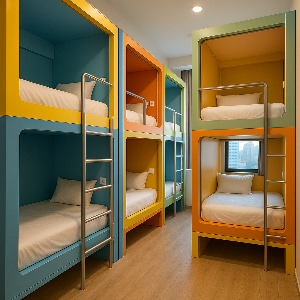 shanghai sleepery: finding your perfect hotel match in china's electric city Colorful bunk beds in a modern, clean Shanghai hostel pod
