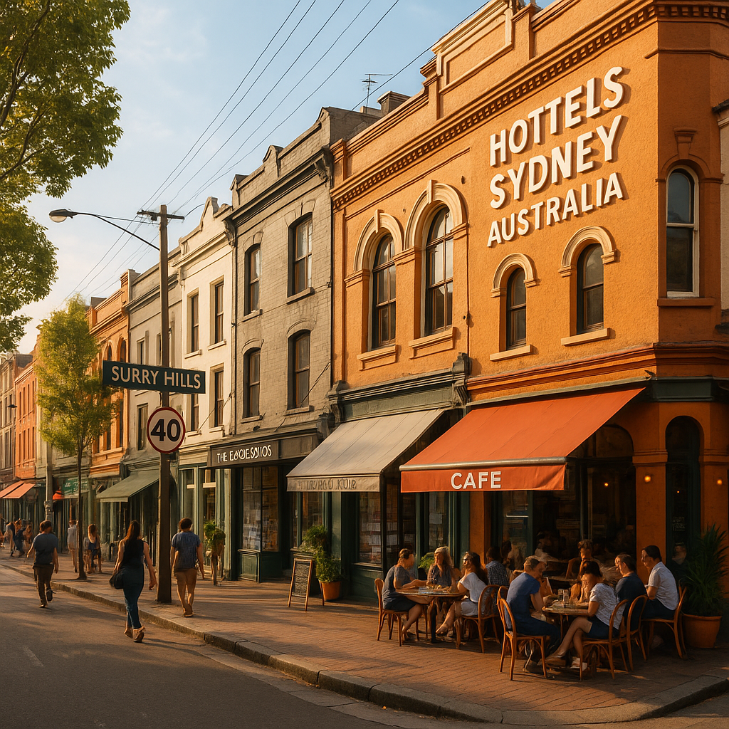 finding your perfect sydney sleep: hotels that feel like home (or a fancy escape!) Vibrant street scene in Surry Hills, Sydney, showing cafes and shops