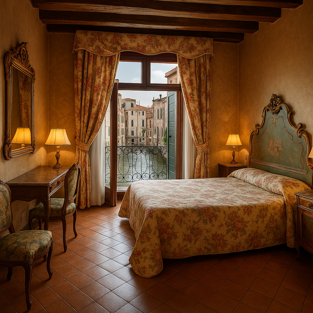 venice hotels: where canal views and cobblestone dreams collide Cozy Venetian hotel room with antique furniture and floral bedding