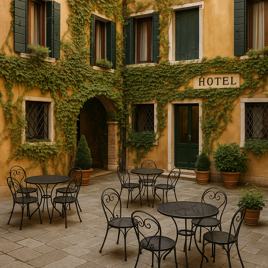 venice hotels: where canal views and cobblestone dreams collide Venice hotel courtyard with climbing vines and wrought-iron furniture
