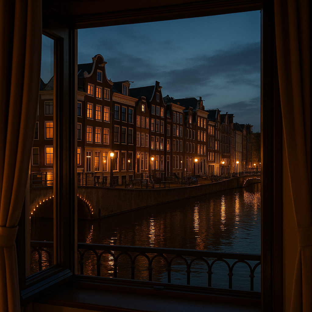 amsterdam hotels: cozy canals, quirky quarters & where to actually sleep Canal view from a hotel window at dusk with lights reflecting on water