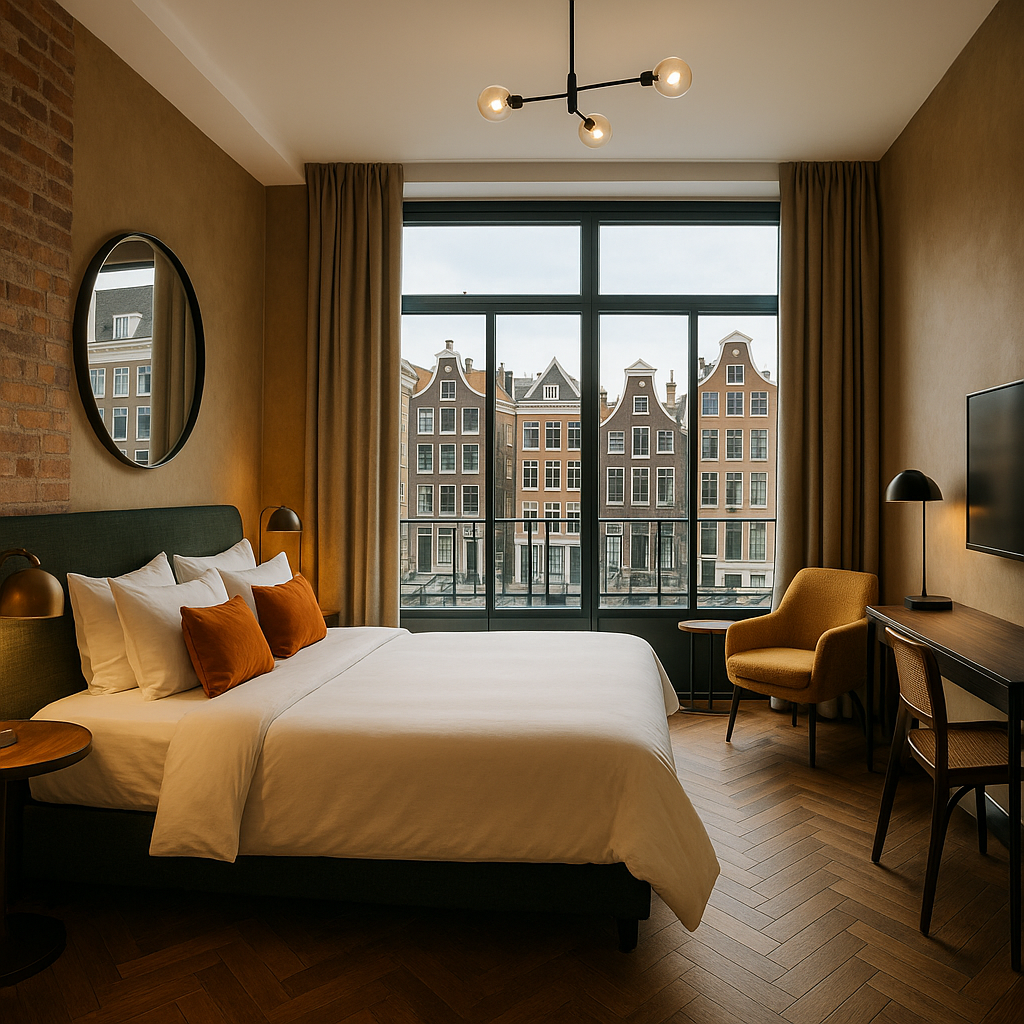amsterdam hotels: cozy canals, quirky quarters & where to actually sleep Interior of a modern boutique hotel room in Amsterdam